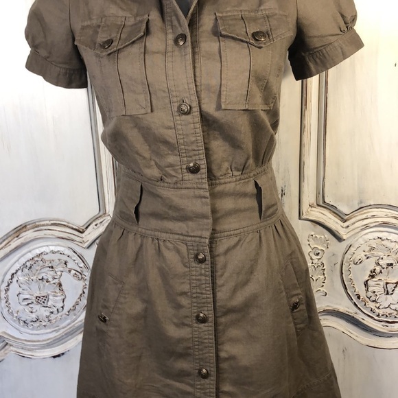 Silence & Noise Khaki Cotton Linen Blend Short Sleeve Button Down Safari Dress - Picture 5 of 13